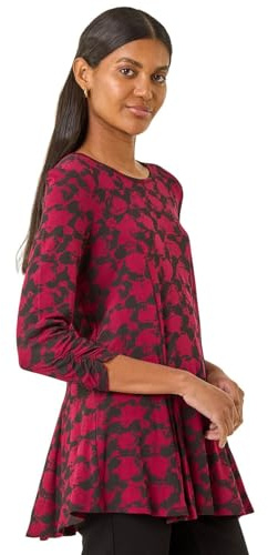 Roman Originals Hanky Hem Tunic Top for Women UK - Ladies Longline Blouse Asymmetric Hemline Casual Slouch Loose 3/4 Sleeves Round Neck Relaxed Comfortable Holiday - Red Onyx - Size 18