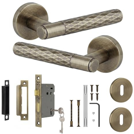 Decoranddecor Antique Brass Door Handles Internal Sash Lock Set | CE marked, 44 mm backset lock, two keys, built to last Internal Door Handles, fits 35-45 mm doors, Tore Range