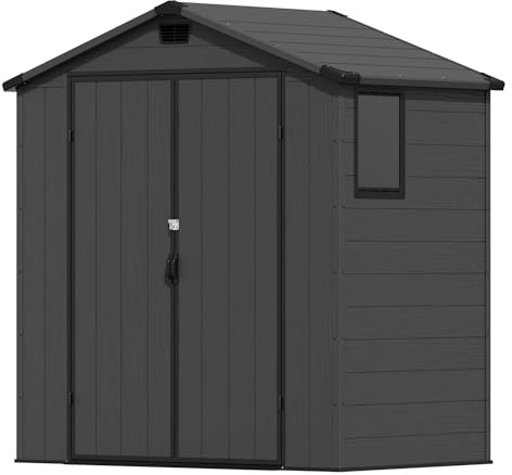 Devoko 6x4ft Outdoor Plastic Garden Storage Shed with Lockable Double Doors & Apex Roof - Patio Backyard Tool Shed, Bike Shelter, Garbage Bin Store - Weather and Fade Resistant - Dark Gray