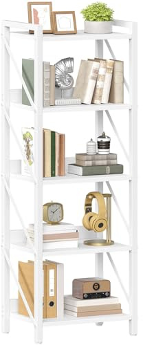 HOOBRO Bücherregal, Standregal, Leiterregal, freistehendes schmales Regal, Büroregal 5 Ebenen, offene Ablagen, für Wohnzimmer, Schlafzimmer, Büro, Küche, Weiß EWW73SJ01