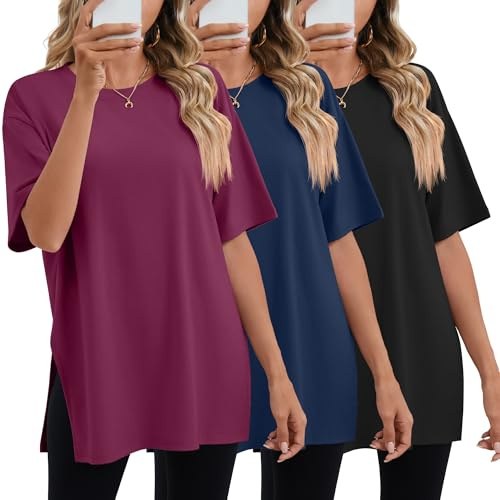 Geyoga Paquete de 3 Camisetas Deportivas extragrandes para Mujer de Manga Corta con Aberturas Laterales Cuello Redondo y Corte Holgado(Negro, Azul Marino, Fucsia,S)