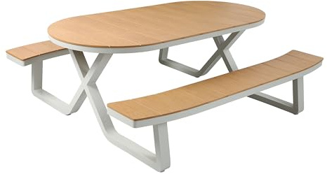 AXI Jax Picknicktisch Oval in Sandy Beige mit Teak Holz Look für 6 Personen | Picknick Tisch mit integrierten Bänken für Erwachsene aus Aluminium & Polywood | Set für den Garten | 200 x 190 x 75 cm
