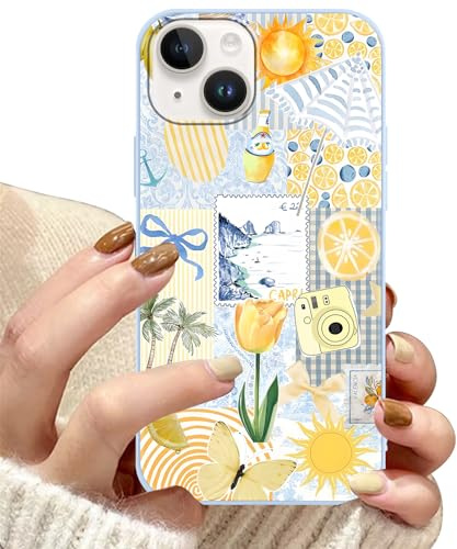 Yoedge Summer Phone Case for iPhone 13/iPhone 14 6.1'', Coastal Coquette Vacation Collage Cute Aesthetic Case, Lemon Sun Palm Tree Trendy Protective Scratch Resistant Shockproof Cover for Girls Women