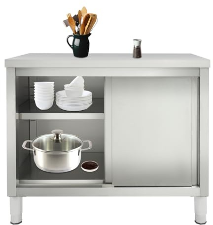 Wiefiche Arbeitstisch Edelstahl mit Schiebetüren | 100 x 50 x 86cm | Freistehend Arbeitsschrank 3 Stöckige Edelstahl Schrank Outdoor Edelstahltisch Silber