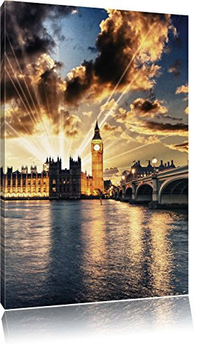 Big Ben am Abend , Format: 60x80 auf hochkantiges Leinwand, XXL riesige Bilder fertig gerahmt mit Keilrahmen, Kunstdruck auf Wandbild mit Rahmen, günstiger als Gemälde oder Ölbild, kein Poster oder Plakat