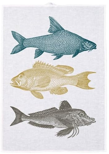 Frohstoff - Geschirrtuch Trockentuch Küchentuch - Halbleinen - Fischtrio - Weiß/Multicolor - 50 x 70 cm