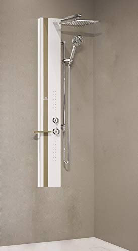 Colonna Doccia Novellini Line 2 Idromassaggio Idro Attrezzata Miscelatore Meccanico Colore Bianco Opaco Fascia Mensola Tortora Soffione Ripiano Porta Oggetti Doccetta Misura 22x57,5xH150 cm