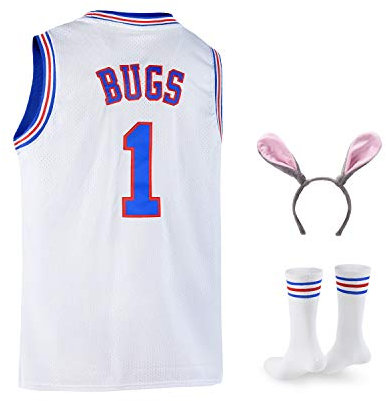 Bugs 1 Space Herren Filmtrikot Basketballtrikot mit Kopfreifen & Socken Weiß S-XXL, Weiss/opulenter Garten, Klein