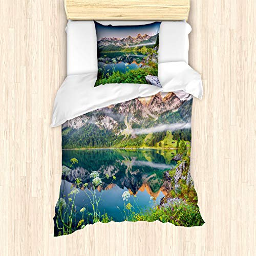ABAKUHAUS Natur Bettbezug Set für Einzelbetten, Österreichische Alpen Berg, Milbensicher Allergiker geeignet mit Kissenbezug, Grün blau