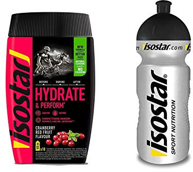 Isostar Hydrate & Perform Iso Drink – 400 g isotonisches Getränkepulver – Elektrolyt Pulver zur Unterstützung der sportlichen Leistungsfähigkeit – Cranberry + 0,5 Liter Flasche