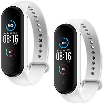 WD&CD Armband kompatibel mit Xiaomi Mi Band 5 Weiches Silikon (2 Stück,Weiß), Verstellbare Fitness Armband für frauen männer