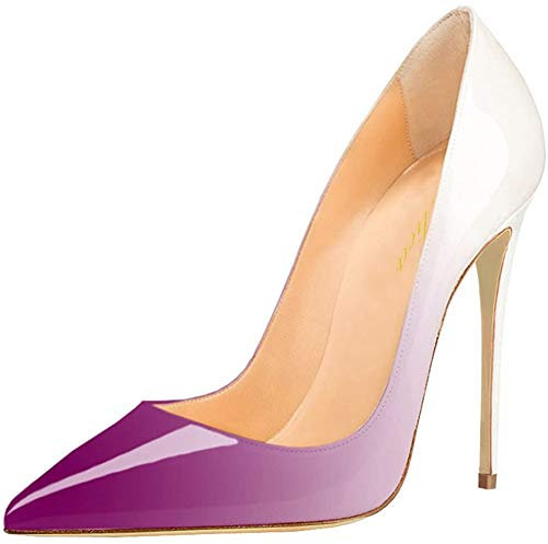 Lutalica W omen's - Scarpe con tacco a spillo in pelle verniciata classica a punta con punta a spillo, per feste, serate, matrimoni, Bianco e viola., 37 EU