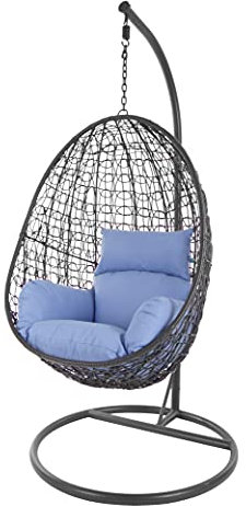 KIDEO Komplettset: Hängesessel mit Gestell & Kissen, Korbsessel, Poly-Rattan (Gestell- und Korbfarbe: dunkelgrau, Kissen: blau Nest (3070_royal_Blue))