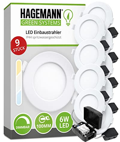 HAGEMANN® 9 x LED Einbaustrahler dimmbar IP44 6 Watt 420lm Ø 105 mm Bohrloch 230V spritzwassergeschützte Badezimmer Einbauleuchte ultra flach 26mm Einbautiefe