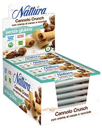 NATTURA Cannolo Crunch Bio Cacao e Nocciole, Croccanti Cialde di Riso e Mais Ripiene di Crema alle Nocciole e Cacao, Snack Senza Glutine e Senza Lievito, Prodotto Vegano Senza Olio di Palma, 24 x 25 g