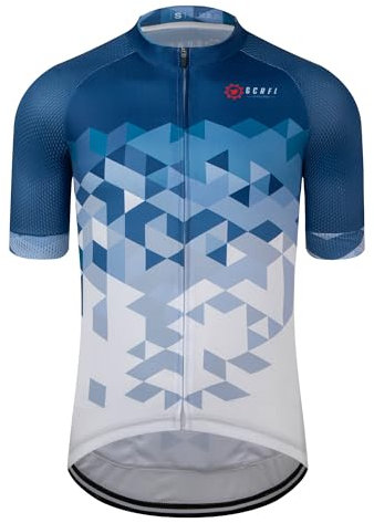 GCRFL Men's Cycling Jersey Short Sleeve Biking Shirt with 4 Rear Pockets Breathable Quick Dry Bicycle Jersey, Blue White, XL