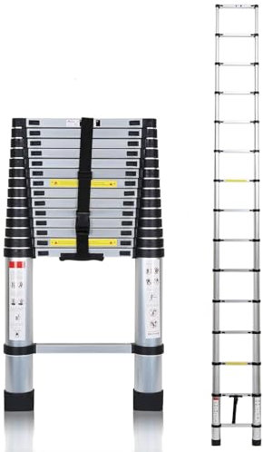 Lospitch 4.4M Aluminium Teleskopleiter, Mehrzweckleiter mit mit Abnehmbarem Haken, 150 kg Belastbarkeit, Tragbare Klappleiter für Garten Innen Außenbereich