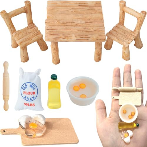 Ensemble de Cuisson Miniature 1/12, Maison de poupée Miniature, Rouleau à pâtisserie, Mini Maison de Lutin, Table et chaises, Accessoires de Lutin de Noël, Mini Meubles