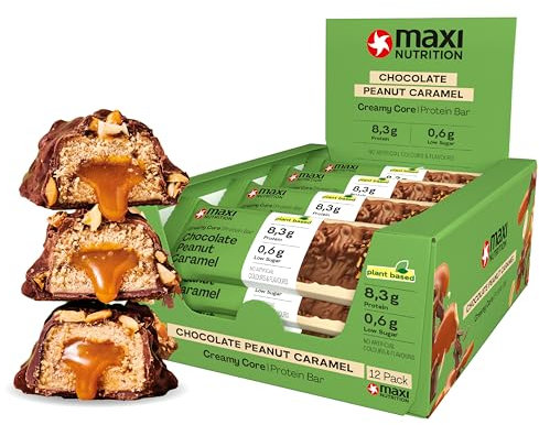 MaxiNutrition Vegan Creamy Core Bar Chocolate Peanut Caramel, 12x45g Filled-Protein-Riegel, 18% Eiweißgehalt 8,3g je Riegel, low Sugar (0,9g), ohne Zuckerzusatz, ohne künstliche Aromen