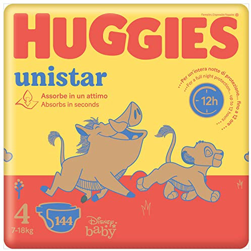 Huggies Unistar - Pañales talla 4 (7-18 kg), diseño Disney, paquete de 144 unidades