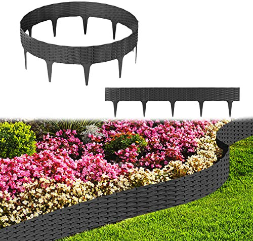 Vigevee Rasenkante Kunststoff Rattan Design Beetzaun, Beeteinfassung Biegbarer UV-beständig Wetterfest Erdspieß, Gartenpalisade für Rasen Dekorativ (10m - 10 Stücke, Anthrazit)