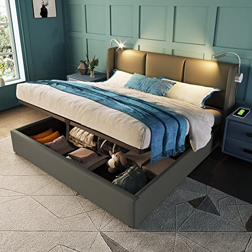 ZYLOYAL10 Polsterbett Doppelbett Stauraum Bettkasten Leselicht mit USB Ladefunktion Kopfteil,Stauraumbetten Bettgestell Jugendbett mit lattenrost(Ohne Matratze) (140x200cm, Grau + PU)