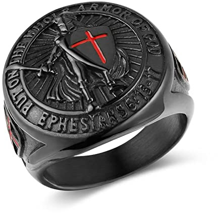 HZMAN Anillo de acero inoxidable para hombre con diseño de cruz roja de Efesios 6:13-17 con caballeros templarios poniendo toda la armadura de Dios, 9, Metal, Sin piedras preciosas