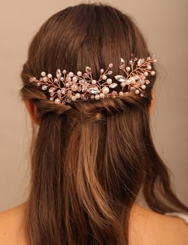 BERYUAN Pearls Rhinestone Beads Wedding Hair Pins Rose Gold Wedding Headband Pink Beads Pearls Bridal Headband Rose Gold Wedding Hair Accessories for Bride Bridesmaird Girls