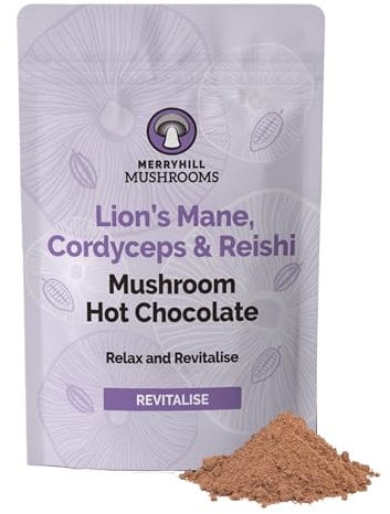 Merryhill Mushrooms - Lion's Mane, Cordyceps & Reishi Mushroom Hot Chocolate Powder Drink | Sleep, Focus, Energy | 1,000mg Mushrooms Per Serving | Vegan | No Added Sugar | 180g