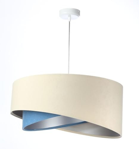 Licht-Erlebnisse Pendelleuchte Stoff Creme Blau Silber rund D: 50 cm Velours Optik E27 Modern Hängeleuchte Wohnzimmer Hängelampe Schlafzimmer