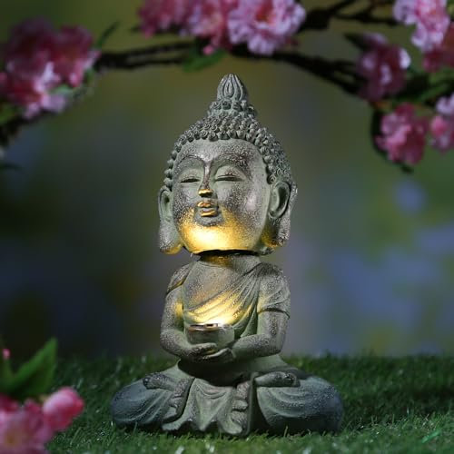 MARELIDA LED Solar Buddha mit Wackelkopf Gartenfigur Dämmerungssensor (hellgrau)