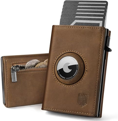 DODENSHA Porte Carte Airtag Minimaliste | Poche à Monnaie pour 10+ Cartes | Porte Carte Aluminium pour Homme | Portefeuille RFID avec Fermeture Magnétique | sans AIRTAG | Marron Vintage