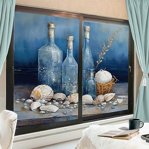 Blaue Glasflaschen Buntglas Fensterfolie Muschel Kleiner Stein Skandinavisch Sichtschutz Fensterfolie Glastürabdeckung Nicht klebende Fensteraufkleber für Zimmer Küche 80 x 120 cm x2 Stück