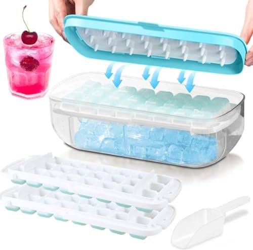 Ice Cube Tray with Lid, One-Press-Release Silicone Ice Cube Moulds, Reusable BPA Free Dustproof Ice Cube Maker with Scoop & Storage Box for Chilling Whiskey, Cocktail, Drink