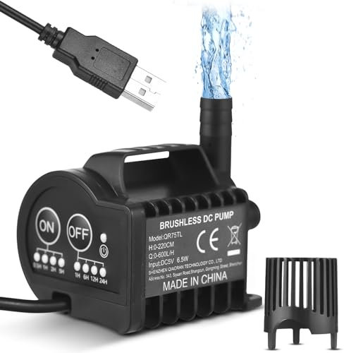Irishom Mini pompa acqua 5V con controllo del tempo on/off a 4 marce, accelerazione e decelerazione, portata massima 600 l/h, hub 2,2 m, cavo di ricarica USB da 2 m e base a ventosa per serbatoio
