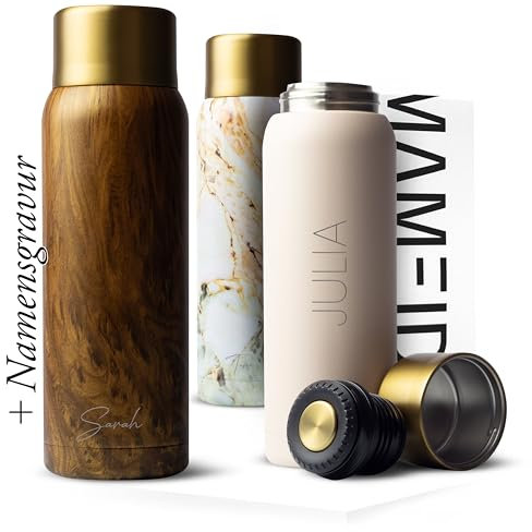 MAMEIDO Thermoskanne personalisiert 1l mit Becher - auslaufsichere Isolierkanne mit Namen, personalisertes Geschenk mit individueller Namensgravur (Oak Wood Gold, 1.000ml)