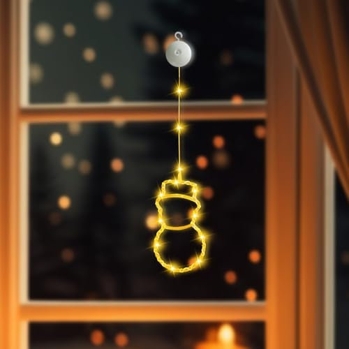 Skeadex LED Weihnachtsbeleuchtung, LED Fenster Lichterkette Batteriebetriebene mit Saugnäpfe, Weihnachtsbaum Hirsch Glöckchen, für Weihnachten Deko, Balkon, Party, Hochzeit (Schneemann)