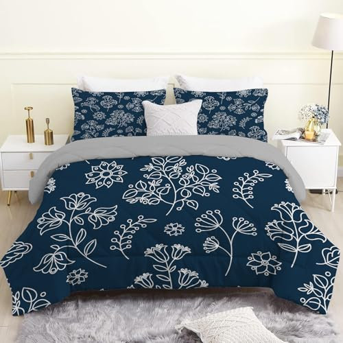 Linfye Bettdecke 240x220 cm, Böhmisches Blau Bettdecke 220x240 4 Jahreszeiten, Graue Pflanzen Steppdecke Waschbar Bettdecken, Vierjahreszeiten Schlafdecke Ganzjahresdecke mit 2 Kissenbezug 80x80cm