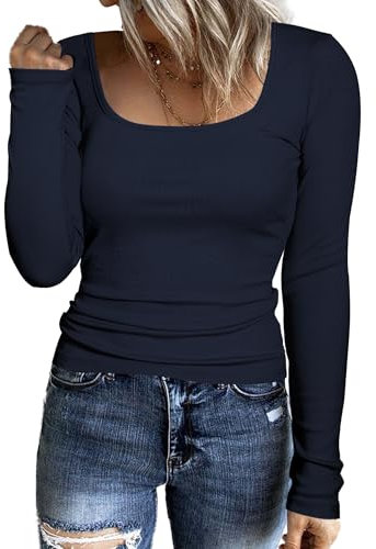 Aottori Womens Tops Ladies Long Sleeve Square Neck T Shirts Ribbed Basic Base Layer Underwear Fitted Solid Stretchy Jumpers Casual Pullover Tunic Shirt Navy L