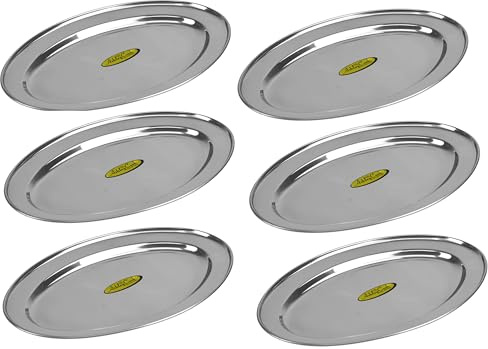 6 Round Oval Serving Tray Stainless Steel Heavy Duty 25cm each for Catering House and Restaurants