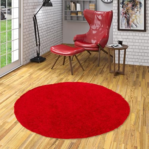 Pergamon Moderner Wohnzimmer Hochflor Langflor Shaggy Teppich Fluffy Rot Rund in 3 Größen
