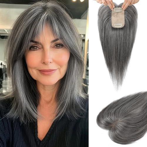 Flufymooz Real Human Hair Toppers for women Echthaar-Topper für Frauen, 26 cm Clip-in-Pony, 100% Echthaar-Topper für dünner werdendes Haarteil, Seidenbasis-Silbergrau mit Braun gemischt