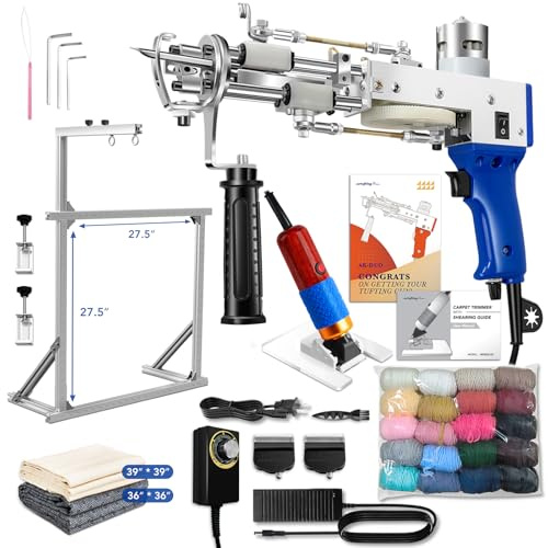 Rug Tufting Gun Starter Kit with Frame & Carpet Trimmer & Yarn, Carpet Making Kit with Tufting Frame Tufting Supplies with Primary Tufting Cloth, Rug Gun Machine Starter Kit with Rug Shaver(Blue)