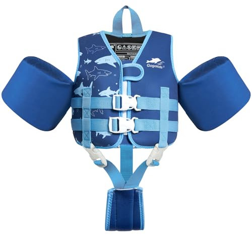 Gogokids Chaleco salvavidas para niños con mangas salvavidas para niños pequeños, estilo chaqueta, flotabilidad, flotabilidad con correas ajustables, chaleco salvavidas para niños y niñas (2-3