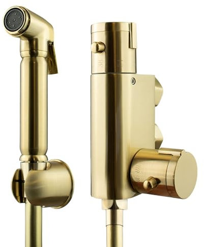 Home Range Brushed Gold Thermostatic Bidet Shower Douche Set | Brass Muslim Shattaf Toilet Sprayer for Bathroom Hygiene | Includes Shower Hose & Wall Bracket Holder (1 Douche Kit)