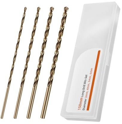 YIJIZE 150mm lange Bohrer Set, Durchmesser 3mm 4mm 5mm 6mm, 4 Stück HSS Kobalt Bohrer, für Hartmetall, Edelstahl, Gusseisen, Kupfer, Aluminium, PVC, Kunststoff, Holz