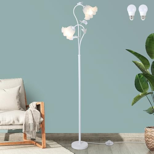 HMVPL Weiße Blume Stehleuchte, Floral Hohe Lampe mit 2 LED 5W Blubs, Fußschalter, Moderne Eck-Stehlampe mit Acrylschirm, Antike Lotusblume Stehlampe für Wohnzimmer Büro Lesen
