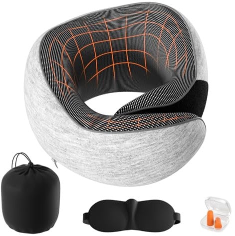 Lavlola Nackenkissen Flugzeug, Reisekissen Auto aus Memory Foam, Verstellbares Nackenhörnchen Nackenkissen Reise mit Ohrstöpseln, Augenmaske (Hellgrau)