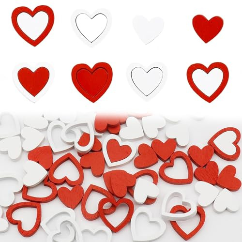 XoeLLe 72 Stück Holzherzen, Hochzeitsdeko Tisch, Herz Deko, Streudeko, Valentinstag Tischdeko, Tischdeko Holz, DIY Handwerk Verzierungen für Hochzeit Geburtstag Babyshower (Rot Weiß)