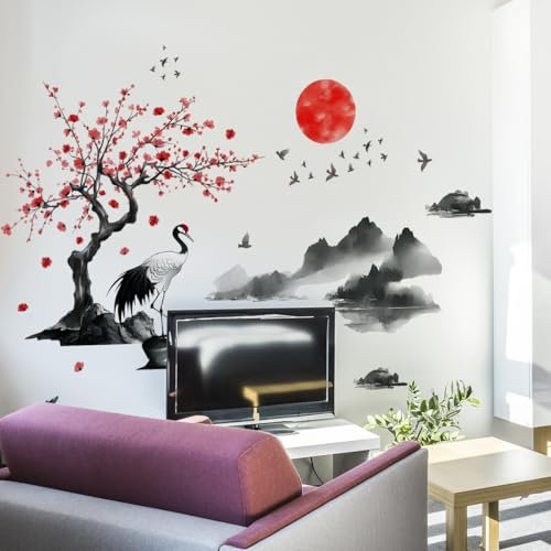 COVPAW Wandtattoo Landschaft Chinesisch Malerei Kraniche Wohnzimmer Wandaufkleber Schlafzimmer Berg Baum Fluss Japanisch Wandsticker Kinderzimmer Küche Büro Wanddekoration (Berg Baum Kraniche)